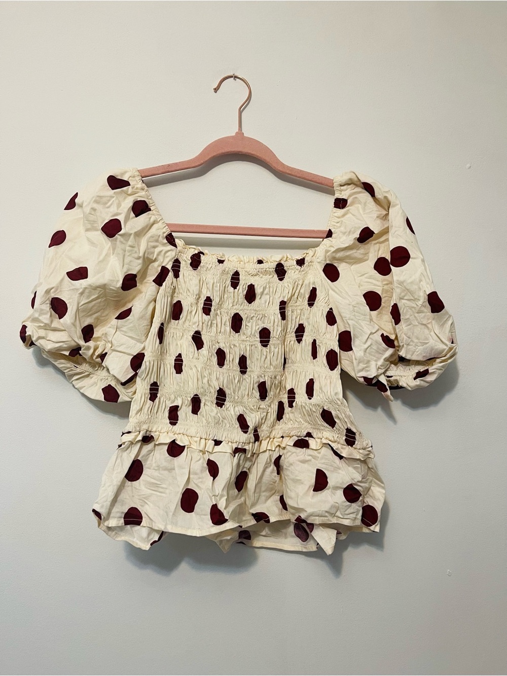 Francesca's Collections Cream Smocked Peplum Top with Burgundy Polka Dots